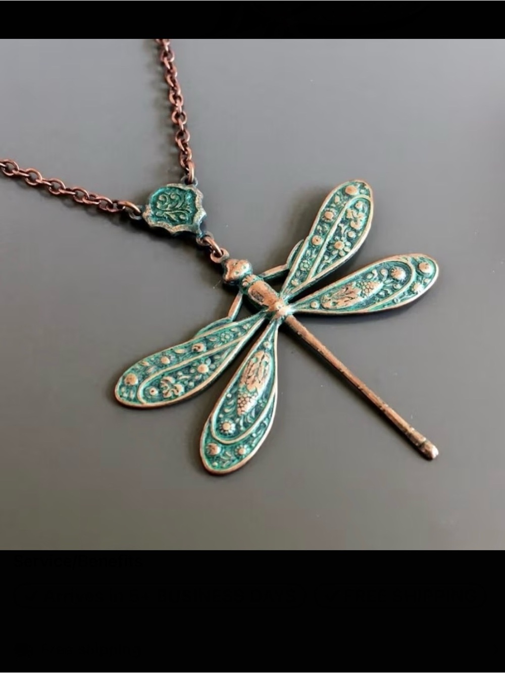 ⭐️ Patina Dragonfly Pendant Necklace - Teal Green Copper Finish